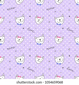 cute cats faces, vector hand drawn seamless pattern