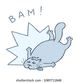 Cute cat's fall into a swoon from shock. Big bam. Vector illustration. Funny cartoon pet character.
