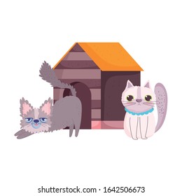 cute cats feline cartoon with wooden house pets vector illustration