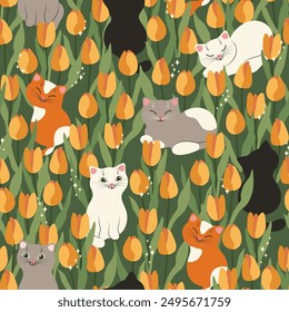 Cute cats in the field of tulips. Vector illustration.