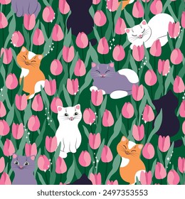 Süße Katzen im Tulpenfeld. Vektorgrafik.