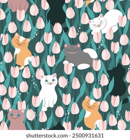 Gatos lindos en el campo de los tulipanes. Ilustración vectorial.
