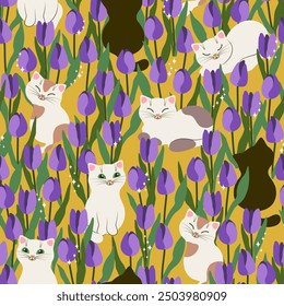 Cute cats in the field of tulips. Vector illustration.