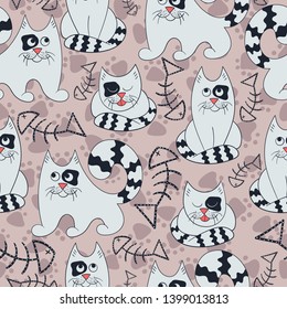 Cute cats and fish bones hand drawn color vector seamless pattern with paws in the background. Cats characters cartoon texture. Web, wrapping paper, textile, background fill