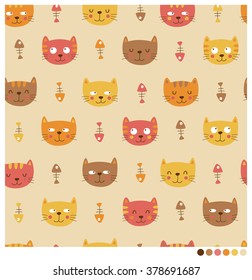 Cute cats and fish bones seamless vector pattern
