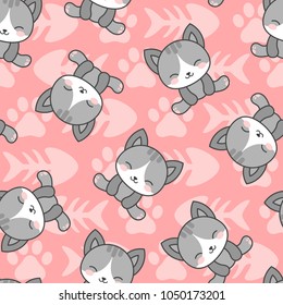 Cute Cats with fishbone and kitten paw Seamless Pattern, Pink Cartoon Animals Background, Vector Illustration
