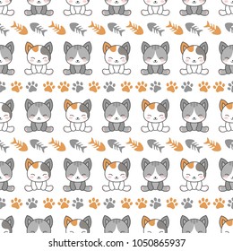 Cute Cats with fishbone and kitten paw Seamless Pattern, Cartoon Animals Background, Vector Illustration