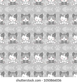 Cute Cats with fishbone and kitten paw Seamless Pattern, Grey Cartoon Animals Background, Vector Illustration