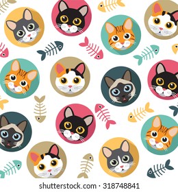 Cute Cats and fishbone vector pattern, illustrations on colored background.