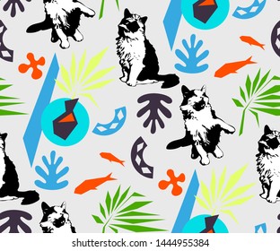 Cute cats and fishs seamless pattern. Pet vector illustration. Cartoon cat images. Cute design for kids. Сhildren's pattern