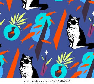 Cute cats and fishs seamless pattern. Pet vector illustration. Cartoon cat images. Cute design for kids. Сhildren's pattern