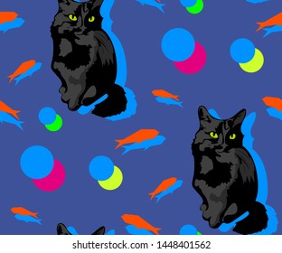 Cute cats and fishs seamless pattern. Pet vector illustration. Cartoon cat images. Cute design for kids. Сhildren's pattern