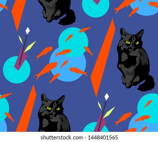 Cute cats and fishs seamless pattern. Pet vector illustration. Cartoon cat images. Cute design for kids. Сhildren's pattern