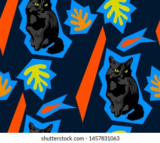 Cute cats and fishs seamless pattern. Pet vector illustration. Cartoon cat images. Cute design for kids. Сhildren's pattern