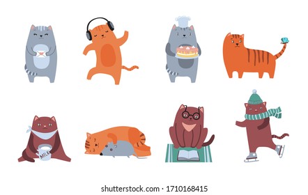Cute cats flat icon kit. Fluffy feline characters sitting, sleeping, dancing, playing, reading, drinking isolated vector illustration collection. Domestic animals and pets concept