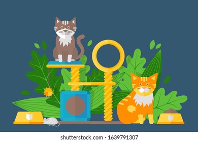 Cute cats in flat style, funny animal cartoon character, pet shop background vector illustration. Simple cat geometric shape, indoor playground for kittens, food and toys for domestic pet animal store