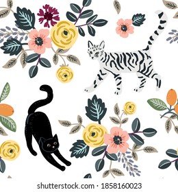 Cute cats and floral bouquets on the white background. Vector seamless pattern. Pets and flowers. Nature print. Summer illustration with domestic animals