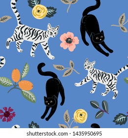 Cute cats, floral elements, blue background. Vector seamless pattern. Pets and flowers. Nature print. Digital illustration with animals 