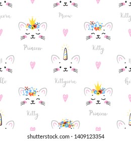 Cute Cats in Floral Wreath Crown, Magic Unicorn Cat Head Vector Seamless Pattern. Background for Kids with Hand drawn Doodle Kittens with Hearts and words. Cartoon Kawaii Animals in Scandinavian style