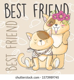 Cute cats with flower cartoon illustration for kids. Little cat wearing scarf and the flower on the beauty cat. Brown cats with scarf