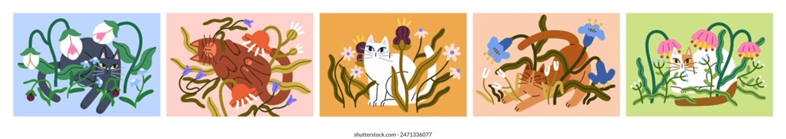 Cute cats in flowers, card designs set. Funny kitties in summer garden blossoms. Feline animals among floral plants, spring blooms. Kitten pets relaxing in meadow wildflowers. Flat vector illustration