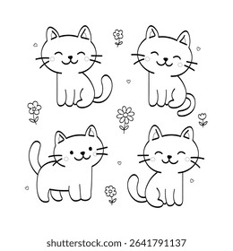 Cute cats and flowers coloring page for kids. hand drawn. Black and white outline coloring book or page for children.