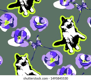 Cute Cats and flowers seamless pattern. Pet vector illustration. Cartoon cat images. Cute design for kids. Сhildren's pattern