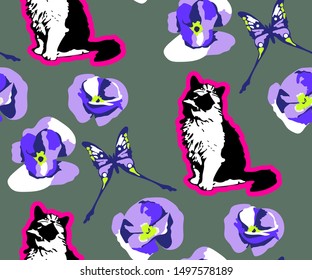 Cute Cats and flowers seamless pattern. Pet vector illustration. Cartoon cat images. Cute design for kids. Сhildren's pattern