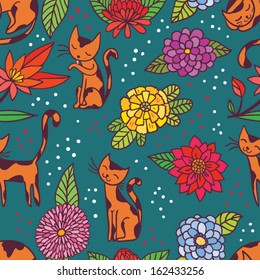 cute cats and flowers seamless pattern