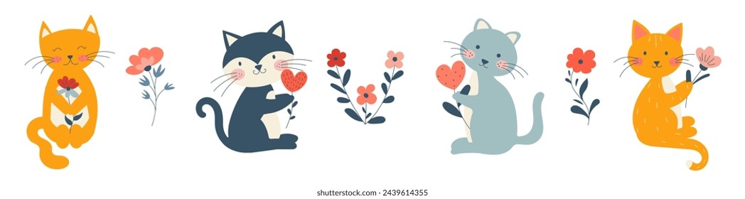 Cute cats with flowers. Set characters. Vector illustration