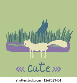 Cute cats and flowers  in soft colors on a green background. Great for printing or textile design.Flat, hand drawn.Vector concept.
