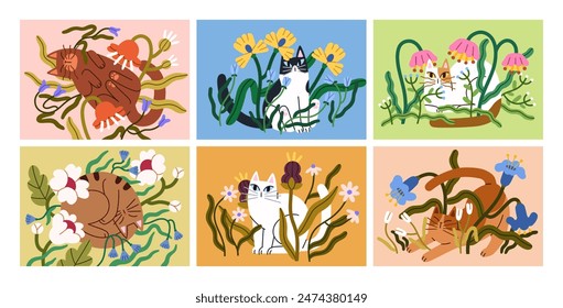 Cute cats in flowers, summer cards set. Funny felines relaxing among blossoms, enjoying nature. Happy kitties chilling in wildflowers, blooms. Flat vector illustration isolated on white background