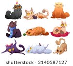 Cute cats, fluffy pets in different poses. Vector cartoon set of funny kittens characters licking itself, entangled in yarn, hunting beetle, lying on pillow, in party hat, yawn and mother with kitties