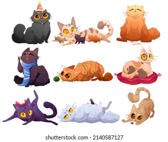 Cute cats, fluffy pets in different poses. Vector cartoon set of funny kittens characters licking itself, entangled in yarn, hunting beetle, lying on pillow, in party hat, yawn and mother with kitties
