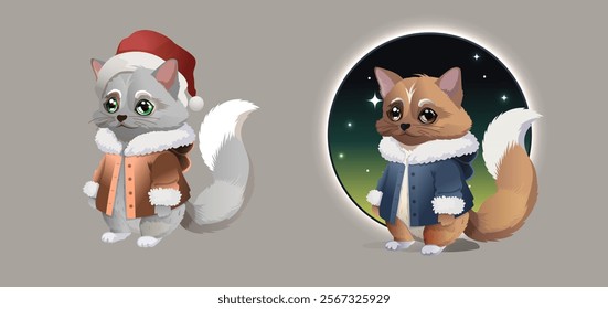 Cute cats, fluffy pets in different poses. Vector cartoon set of funny kittens characters licking itself, entangled in yarn,