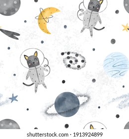 Cute cats flying in space seamless pattern with planets, stars, moon, galaxy isolated on white background. Hand drawn Scandinavian style vector illustration for wallpaper, fabric, textiles and apparel