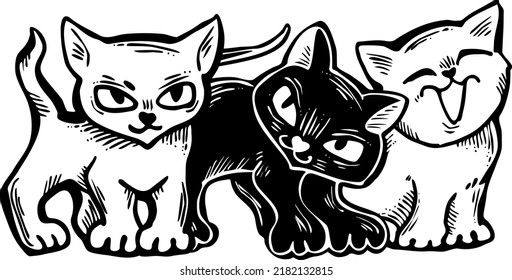 Cute cats friends sitting together. Decorative border, banner, postcard, poster print for kids room or birthday. Logo design for veterinary. Hand drawn illustration. Cartoon character vector drawing.