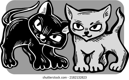 Cute cats friends sitting together. Decorative border, banner, postcard, poster print for kids room or birthday. Logo design for veterinary. Hand drawn illustration. Cartoon character vector drawing.