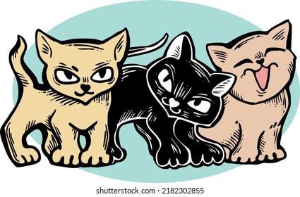 Cute cats friends sitting together. Decorative border, banner, postcard, poster print for kids room or birthday. Logo design for veterinary. Hand drawn illustration. Cartoon character vector drawing.