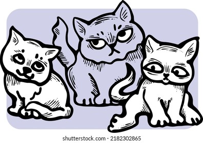 Cute cats friends sitting together. Decorative border, banner, postcard, poster print for kids room or birthday. Logo design for veterinary. Hand drawn illustration. Cartoon character vector drawing.