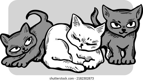 Cute cats friends sitting together. Decorative border, banner, postcard, poster print for kids room or birthday. Logo design for veterinary. Hand drawn illustration. Cartoon character vector drawing.
