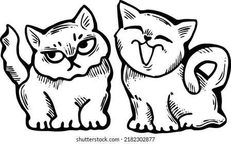 Cute cats friends sitting together. Decorative border, banner, postcard, poster print for kids room or birthday. Logo design for veterinary. Hand drawn illustration. Cartoon character vector drawing.