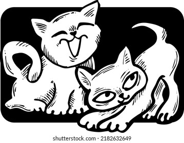 Cute cats friends sitting together. Decorative border, banner, postcard, poster print for kids room or birthday. Logo design for veterinary. Hand drawn illustration. Cartoon character vector drawing.