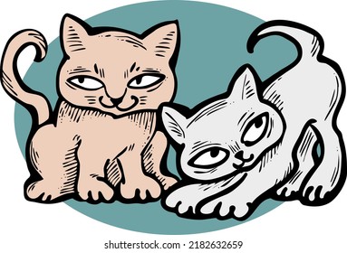 Cute cats friends sitting together. Decorative border, banner, postcard, poster print for kids room or birthday. Logo design for veterinary. Hand drawn illustration. Cartoon character vector drawing.