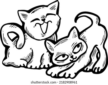 Cute cats friends sitting together. Decorative border, banner, postcard, poster print for kids room or birthday. Logo design for veterinary. Hand drawn illustration. Cartoon character vector drawing.
