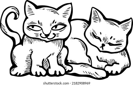 Cute cats friends sitting together. Decorative border, banner, postcard, poster print for kids room or birthday. Logo design for veterinary. Hand drawn illustration. Cartoon character vector drawing.