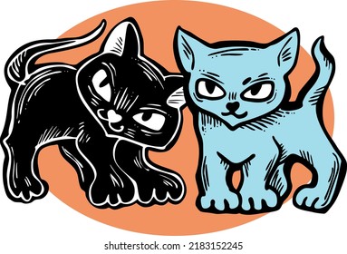 Cute cats friends sitting together. Decorative border, banner, postcard, poster print for kids room or birthday. Logo design for veterinary. Hand drawn illustration. Cartoon character vector drawing.