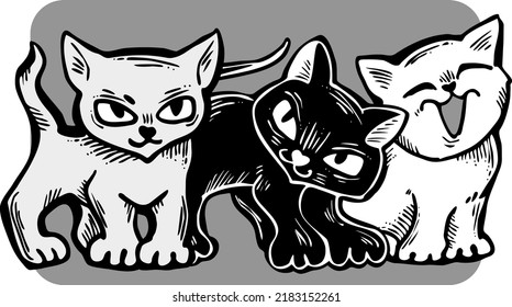 Cute cats friends sitting together. Decorative border, banner, postcard, poster print for kids room or birthday. Logo design for veterinary. Hand drawn illustration. Cartoon character vector drawing.