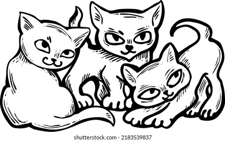 Cute cats friends sitting together. Decorative border, banner, postcard, poster print for kids room or birthday. Logo design for veterinary. Hand drawn illustration. Cartoon character vector drawing.