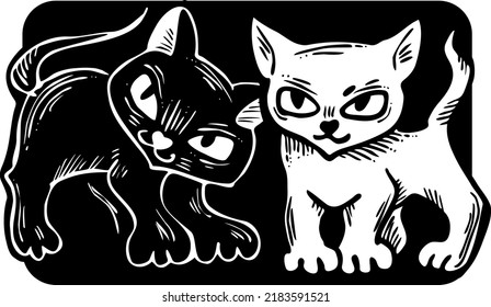 Cute cats friends sitting together. Decorative border, banner, postcard, poster print for kids room or birthday. Logo design for veterinary. Hand drawn illustration. Cartoon character vector drawing.